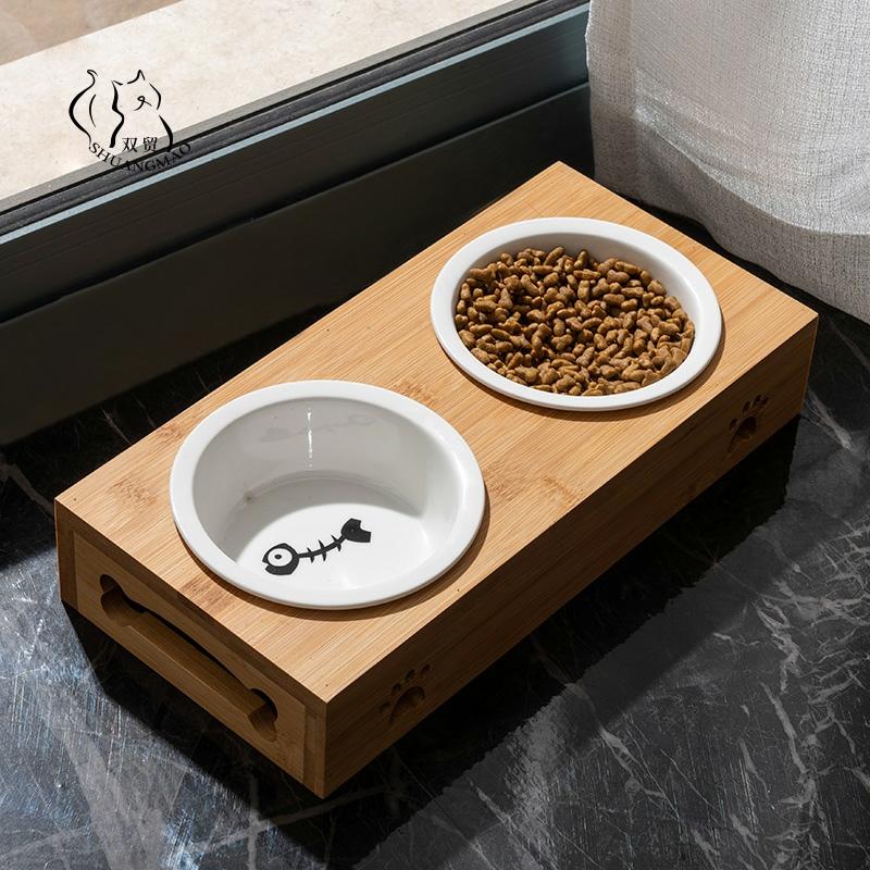 Hot Selle Pets Feeder Ceramic Cat Bowl Water Double Mouth Wooden Stand Stainless Steel Dog Feeder Bowls Kitten Dogs Products ► Photo 1/6