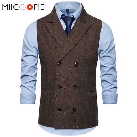 Mens Double Breasted Brown Suit Vest 2022 Brand Casual Solid Color Business Sleeveless Waistcoat Gentlemen Chalecos Para Hombre ► Photo 1/6