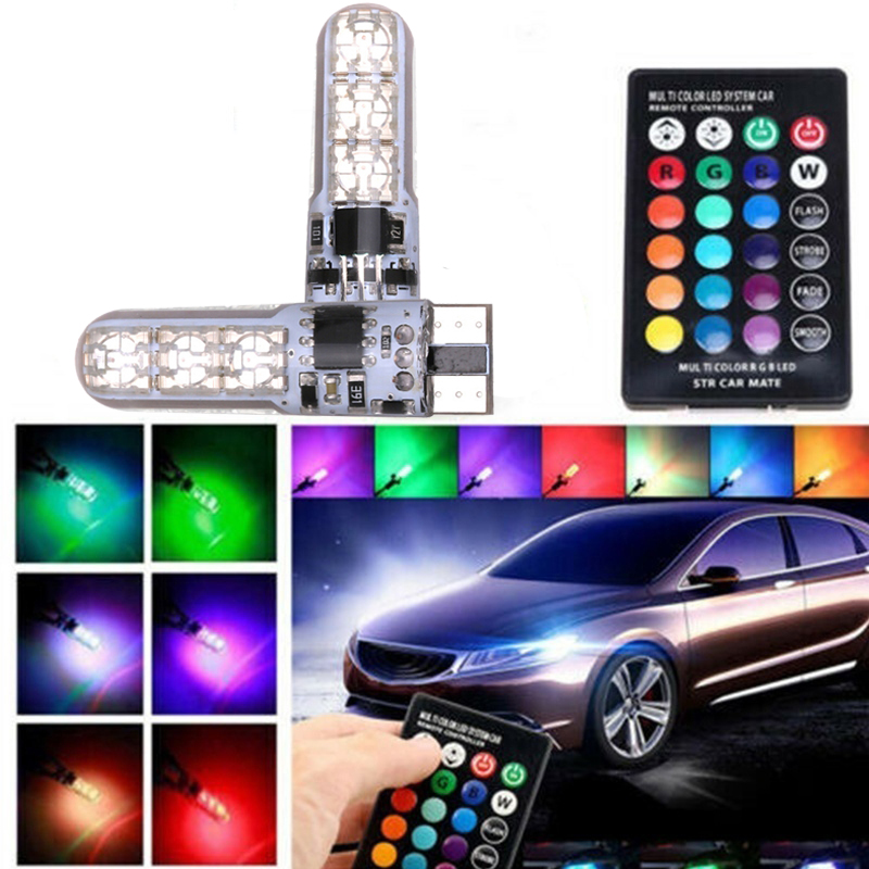 2pcs T10 W5W 6SMD 5050 RGB LED Light Car Wedge Side Reading Bulbs Remote Control 