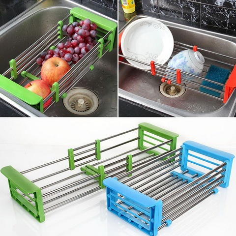 Stainless Steel Adjustable Telescopic Kitchen Over Sink Dish Drying Rack Insert Storage Organizer Fruit Vegetable Tray Drainer ► Photo 1/6