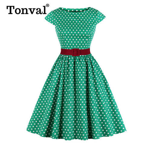 Tonval Green Retro Polka Dot 1950s Rockabilly Pleated Belted Dress Cap Sleeve Summer Women High Waist Vintage Dresses ► Photo 1/6