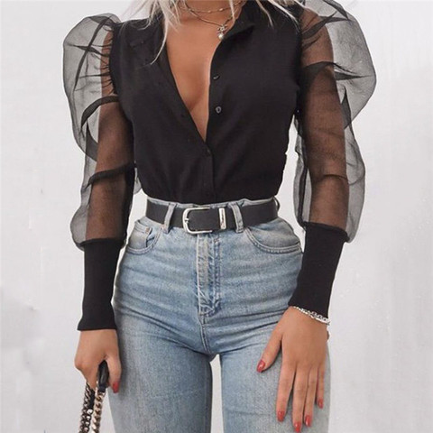 Fashion New 2022 Women's V-Neck Blouses Tulle Ruffle Long Puff Sleeve Shirt Solid Lady Shirts All-Matching Autumn Women Tops ► Photo 1/5