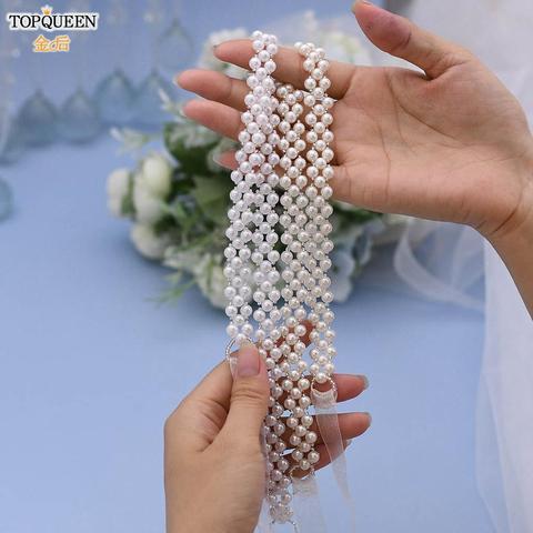 TOPQUEEN S34 Beaded Sash for Wedding Dress Ivory Pearl Belt Sash Embellished Belt for Dresses Formal Bridal Jewelry Organza Belt ► Photo 1/6