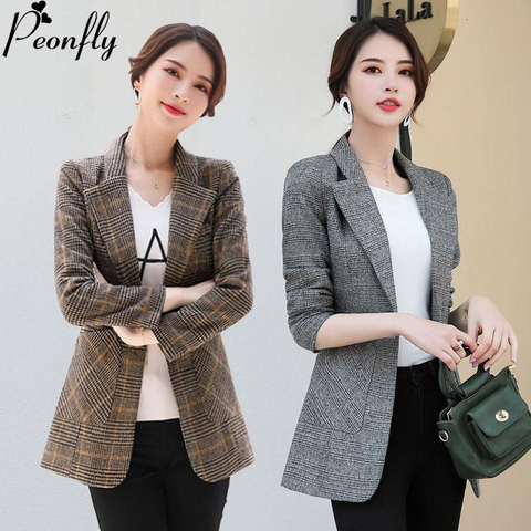 PEONFLY Vintage Office Lady Notched Collar Plaid Women Blazer Single Button Autumn Jacket 2022 Casual Pockets Female Suits Coat ► Photo 1/6