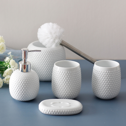 White Minimalist Bathroom Accessories Wash Set Cleaning Brush Soap Dispenser Golf Shape Ceramic Toilet Brush Wash Cups Soap Dish ► Photo 1/6