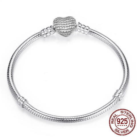 Big Sale Original 925 Sterling Silver Snake Chain Bracelet Bangle Secure Heart Clasp Beads Charm Bracelets for Women DIY Jewelry ► Photo 1/5