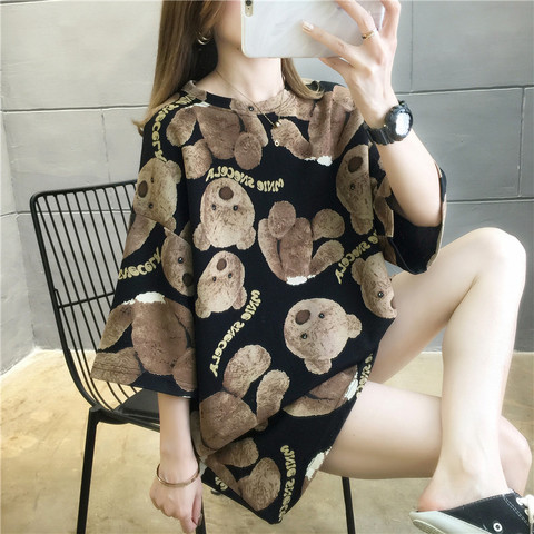 Summer Harajuku Women T-shirt Half Sleeves Cartoon Bear Loose Tops Tide High Street Cotton Tshirt Large Size Tees NS4523 ► Photo 1/6