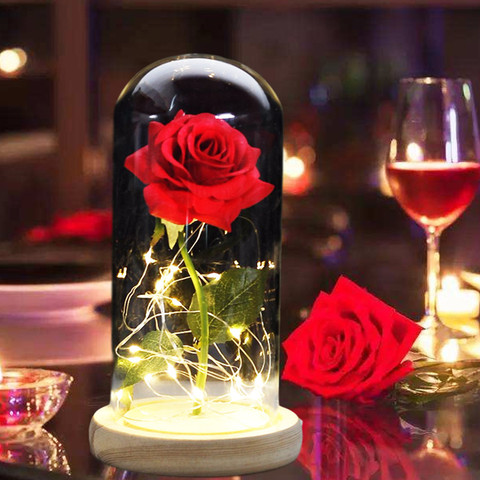 2022 Dropshipping Beauty and the Beast Red Rose in a Glass Dome with LED Light Wooden Base for Valentine's Mother's Day Gifts ► Photo 1/1