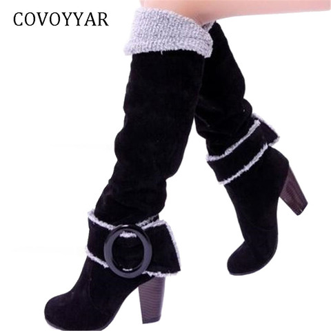 COVOYYAR 2022 Flock Knee High Boots Fashion Buckle Women Boots Thick High Heel Winter Shoes Woman Big Sizes 34~43 WBS105 ► Photo 1/6