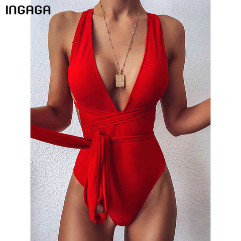 INGAGA 2022 Plunging Swimsuit One Piece High Cut Swimwear Women Cross Bandage Beachwear Summer Backless Bathing Suit Women ► Photo 1/6