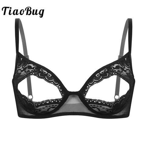 TiaoBug Women Lingerie Sheer Lace Floral Adjustable Spaghetti Straps Nipple Split Bralette Wire-free Unlined Open Cups Sexy Bra ► Photo 1/6