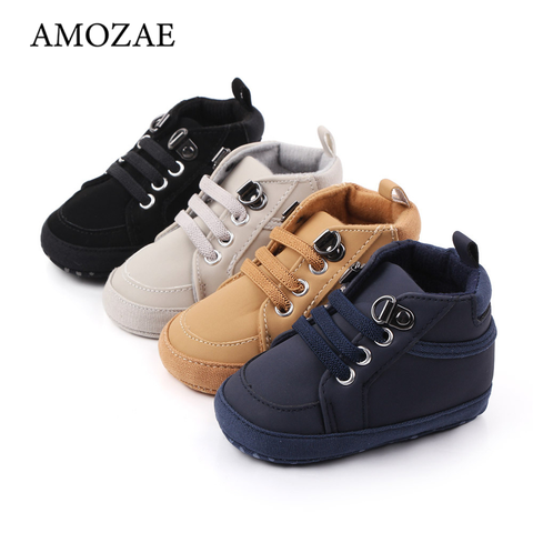 Baby Shoes Spring/Autumn Casual Shoes Sneakers Baby Boys PU Face Lace-Up Soft-Soled Non-Slip Mid-High Toddler Shoes For 0-18M ► Photo 1/6