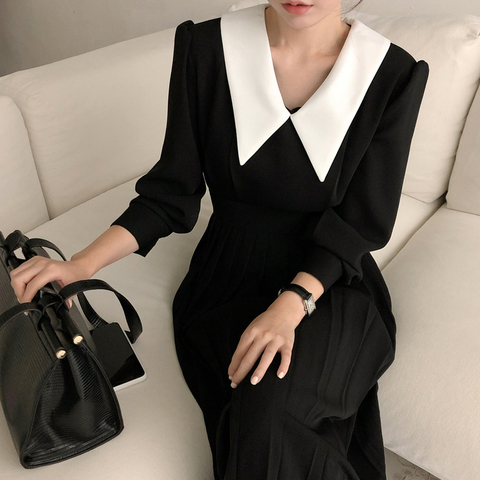 Elegant Pleated Women Spring A-Line Long Sleeve Midi Office Patchwork Dress Autumn ► Photo 1/5