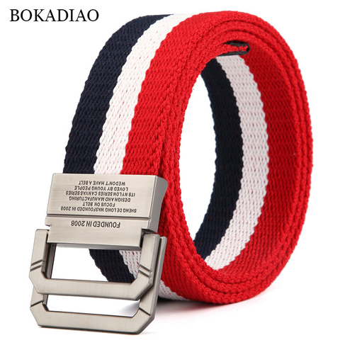 BOKADIAO New Men&Women Canvas belt luxury metal double ring buckle jeans Waist Belts fashion casual stripes waistband male strap ► Photo 1/6