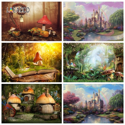 Laeacco Fairy Forest Castle Mushroom House Elves Photography Backdrops Photo Backgrounds Birthday Photophone Newborn Photocall ► Photo 1/6