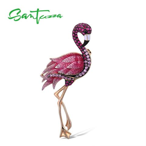 SANTUZZA Silver Brooch for Women Pure 925 Sterling Silver Rose Gold Color Flamingo Bird Animal Fashion Jewelry Handmade Enamel ► Photo 1/6