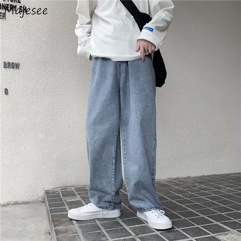 Men Jeans Solid Drawstring Denim Full Length Straight Loose Males All-match Trendy Punk Baggy Retro Leisure Chic Cowboy Trousers ► Photo 1/6