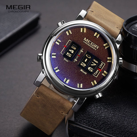 MEGIR 2022 New Top Band Watches Men Military Sport Brown Leather Quartz Wrist Watch Luxury Drum Roller relogio masculino 2137 ► Photo 1/6