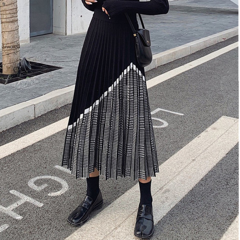 ZAWFL 2022 Winter Women's Fashion Houndstooth Midi Skirt Female High Waist Pleated Knitted Thick Black Warm Skirts ► Photo 1/6