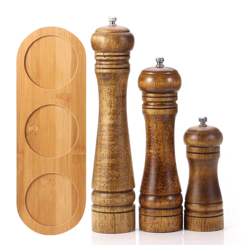 Wood Salt and Pepper Grinder Set with Mills Tray for Sea Salt & Peppercorns (5,8,10 inch) Strong Adjustable Grinder ► Photo 1/6