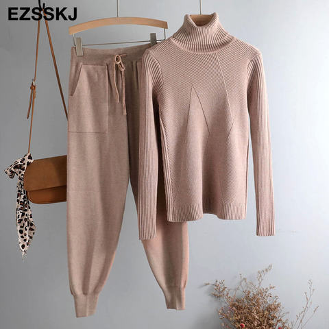 turtleneck sweater 2 Pieces Set 2022 women chic Knitted Pullover top + Sweater pants  Jumper Tops+ trousers  sweater suits ► Photo 1/6