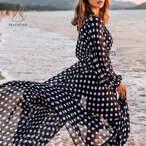 Peachtan Deep v neck swimsuit cover ups female 2022 Ploka dot beach wear dress women Long sleeve cover ups Summer Kimono biquini ► Photo 1/6