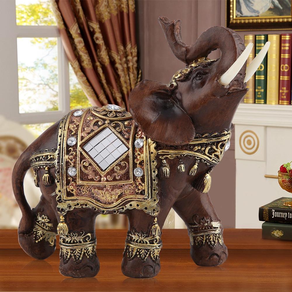 Elephant Lucky Figurine Statue Wood Carved Animal Office Home Decor Natural