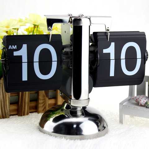 Table Clock Small Scale Retro Flip Over Desk Clock Stainless Steel Internal Gear Auto Flip Operated Quartz Clocks for Home Decor ► Photo 1/6