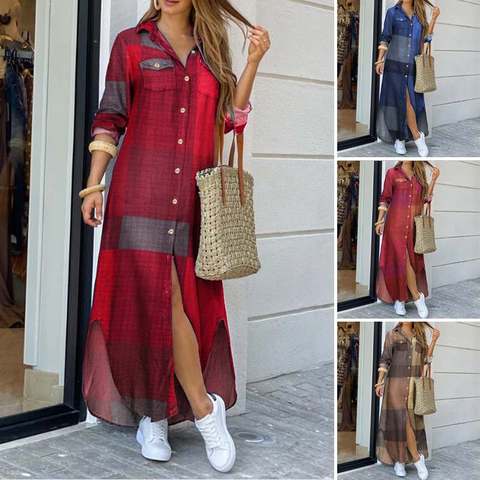 Maxi Beach Dress Elegant Women Button Long Shirt Dress Summer Split Print Lapel Neck Party Dress Long Sleeve Checked Plaid Robe ► Photo 1/6