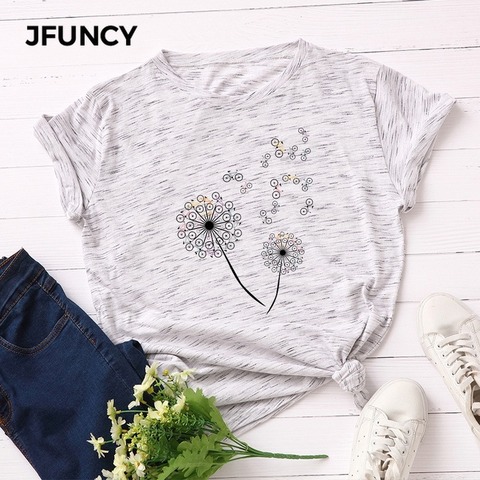 JFUNCY New Plus Size Women Cotton T-shirt Summer Short Sleeve Female Shirt Creative Bike Dandelion Harajuku Print Woman Tee Tops ► Photo 1/6