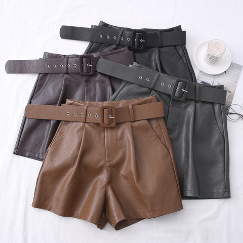 2022 New PU Leather Shorts Women Shorts All-match Sashes Wide Leg Short Ladies Sexy Leather Shorts Autumn Winter ► Photo 1/6