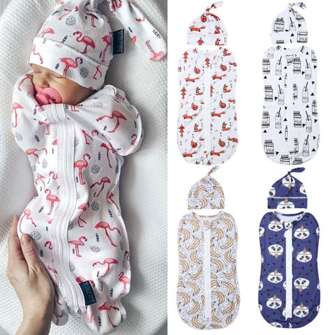 Baby Sleeping Bags Newborn Baby Cotton Zipper Swaddle Blanket Wrap Sleeping Bag +Hat 2pcs Size 0-6M ► Photo 1/6