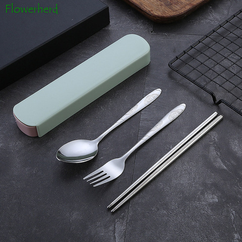 Stainless Steel Tableware Set Three-piece Portable Chopsticks Spoon Fork Set Single Storage Box Dinnerware Set Silverware Set ► Photo 1/6