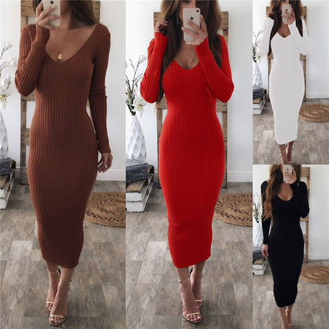 Women Package Hip Knitted Winter Dress Sexy Low Chest Deep V Neck Elegant Slim Bodycon Dress Autumn Pencil Long Vestidos Female ► Photo 1/6