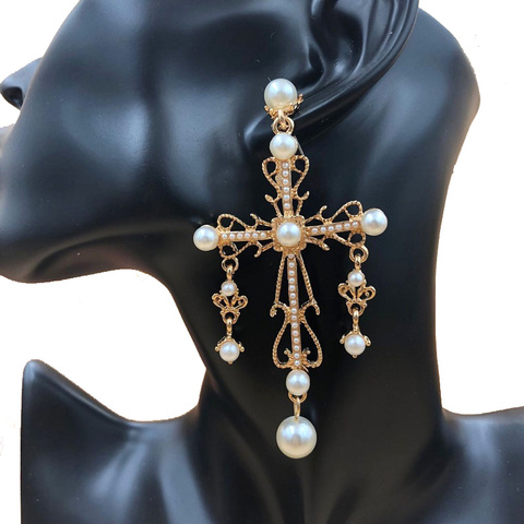 Exknl Baroque Big Cross Earrings For Women Pearl Wedding Drop Long Earrings Jewelry Brincos 2022 Bridal Flower Star Earrings ► Photo 1/6