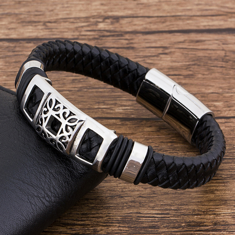 Couples Fashion Charm Rope Wholesale  Black Genuine Leather Bracelet Men Jewelry Stainless Steel  Magnetic Accessories ► Photo 1/4