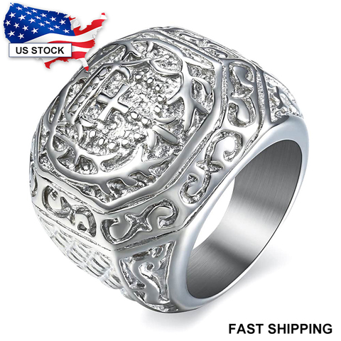 316L Stainless Steel Ring for Men Rock N Roll Carved Cross Crown Mens Ring Silver Color Fashion Jewelry Gift US Size 8-13 LHR141 ► Photo 1/1