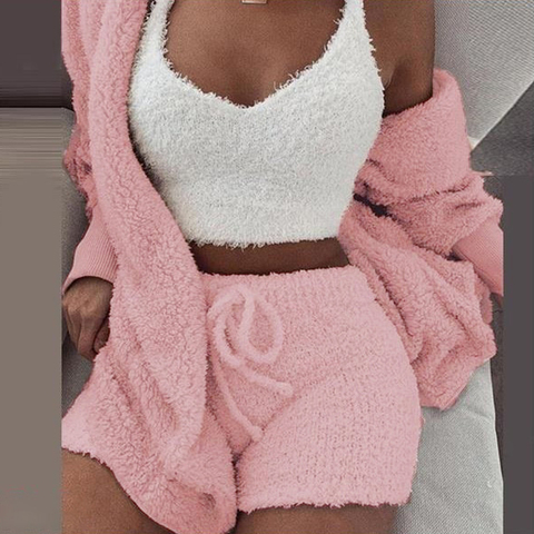 2PCS/3PCS Pajama Set Sexy Fluffy Suits Winter Velvet Plush Robe Set Soft Sleeveless Sweater Loungewear Pijamas Mujer Sleepwear ► Photo 1/6