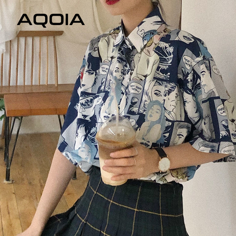 Chic Japanese style Cartoon print Women Shirt Vintage Short Sleeve Button Up Y2K Womens Blouse 2022 Summer Loose Female Shirts ► Photo 1/6