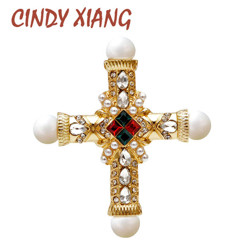 CINDY XIANG new arrival pearl rhinestone baroque cross brooch women and men unisex brooches pin fashion vintage gold color gift ► Photo 1/6