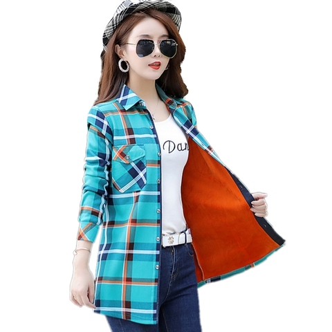 New Women Velvet Thick Warm Long Plaid Shirts Female Long Sleeve Tops M-3XL Size Female Winter Blouses Blusas Femininas Chemise ► Photo 1/6