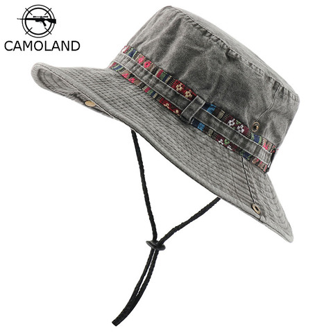 CAMOLAND 100% Cotton UV Protection Sun Hats For Women Men Fishing Hiking Bucket Hat Floral Ribbon Design Outdoor Beach Cap ► Photo 1/6