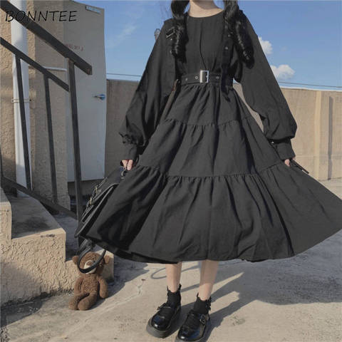 Long Sleeve Dress Women Korean Style Ruffle Leisure All-match Simple Solid O-neck Elegant Retro College Mid-calf Autumn Preppy ► Photo 1/6