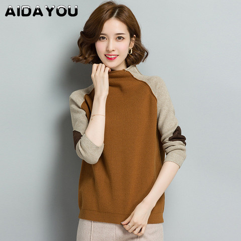 Turtleneck Loose Women Sweaters Autumn Fashion Patchwork Female Korean Pullovers Sweater Plus Size Thicken Knit Top  ouc1844 ► Photo 1/6