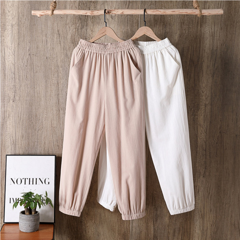 2022 Spring Summer Casual Cotton Linen Pants Women Elastic Waist Solid Pockets Retro Loose Women's Harem Pants Trousers Bottoms ► Photo 1/6