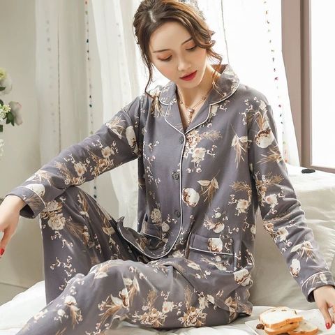 Women pajamas Set Cotton Sleepwear Flower Print Women Turn-down Collar Female Pyjamas Casual Homewear pijama mujer ► Photo 1/6