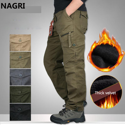 Men Cargo Pants Fleece Thick Warm Multi Pocket Autumn Winter Military Army Zip Straight Slacks Long Trousers Outwear Sport Pants ► Photo 1/6