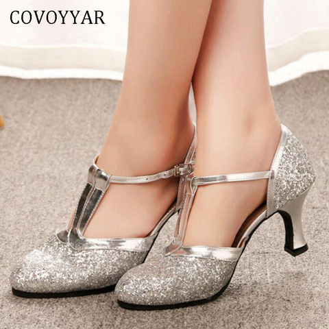 COVOYYAR 2022 Gold Silver Women High Heels Thick Heel T-strap Woman Pumps Latin Dance Shoes Female Wedding Party Shoes WHH196 ► Photo 1/6