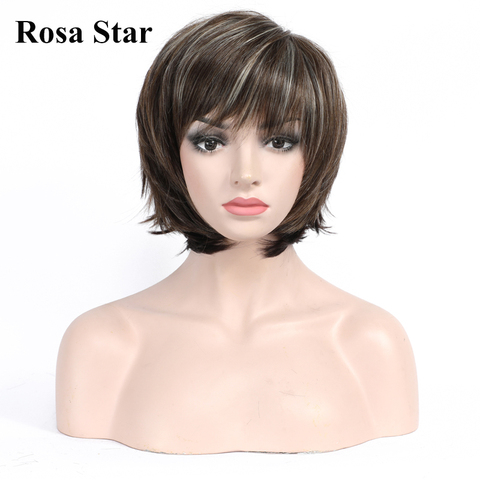 Rosa Star Brown Blonde Short Hair Wig with Bangs Female Haircut Puffy Straight Natural Short Synthetic Hair Wigs for Women ► Photo 1/6