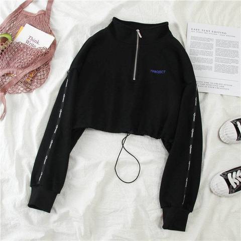 Women Zipper Autumn Black Solid Hoodies Cropped Streetwear Long Sleeve Sweatshirt Cool Loose Pullover High Street Hoodie Females ► Photo 1/6